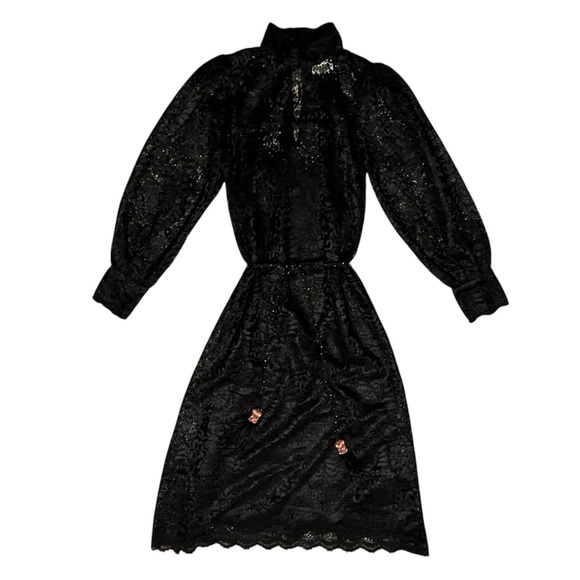 FARM Rio Dresses & Skirts - FARM Rio Black Lace Turtleneck Long Sleeve Beaded Feathered Dress Size S